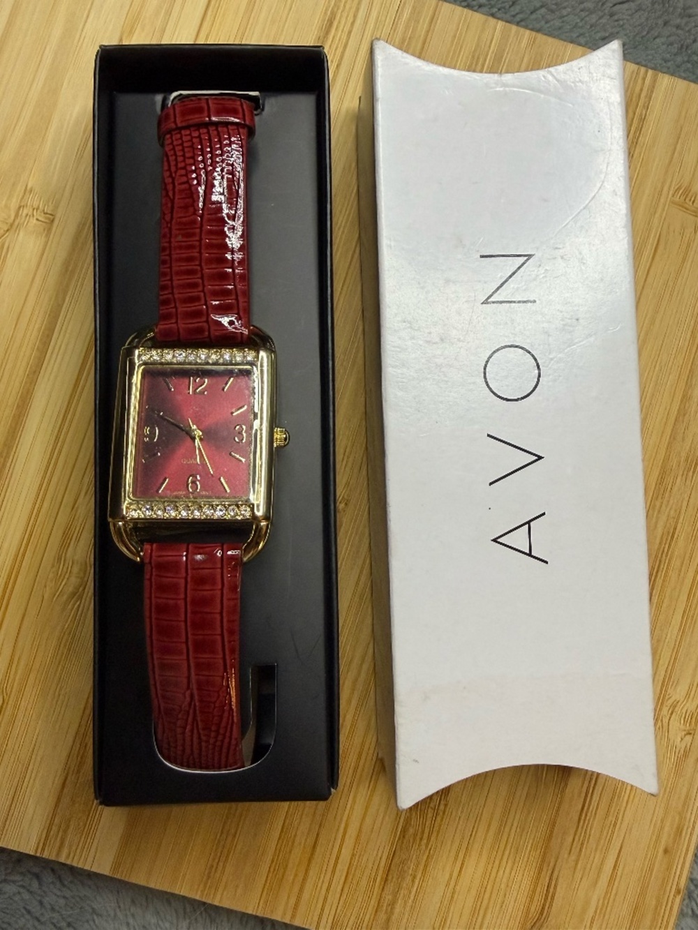 Avon Kayla Quartz Wine Red Faux Croc Strap Gold Crystal Rectangle Bezel Watch